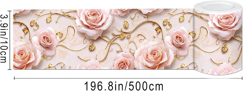 IVN Wallpaper Border Peel and Stick Wall Accent 4x196 Inch PVC Pink Gold Rose Vine Pattern Self Adhesive Decorative Wall Trim for Living Room Bedroom Hallway Elegant Romantic Style - Image 3